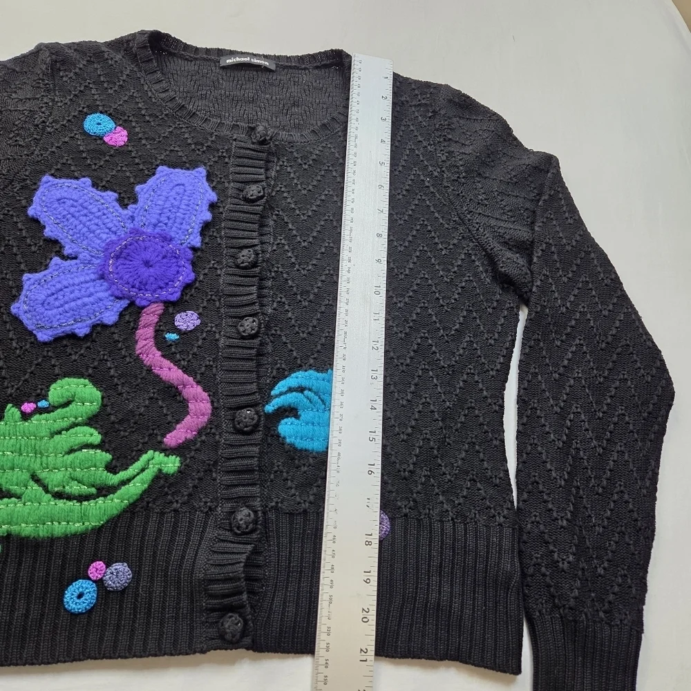 Vintage Michael Simon Embellished Knit‎ Cardigan Black Floral Applique Sweater L
